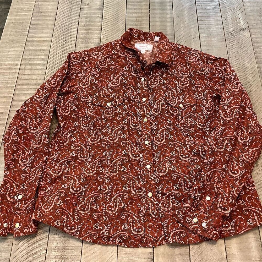 Panhandle women’s XL Brown Paisley Long Sleeve Western‎ Snap Shirt